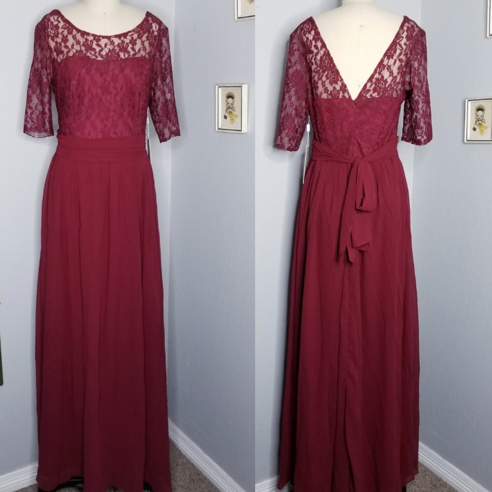 Burgundy wine bridesmaid dress lace top NWT